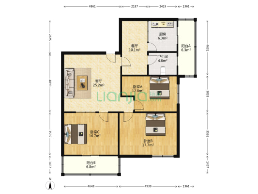 沈电社区 3室2厅1卫 125平方