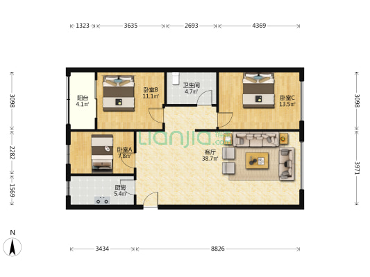 广场欣城 3室1厅1卫 108平方