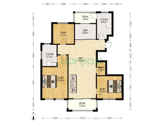 水岸新城 3室1厅2卫 128平方