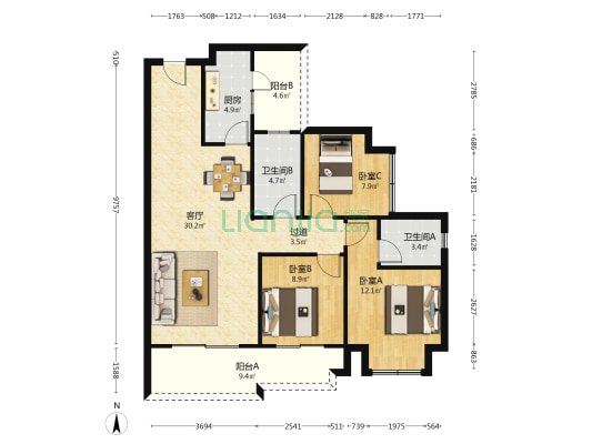 新城名都(江津) 3室1厅2卫 130平方