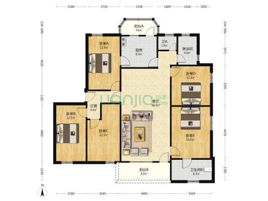 市建小区 5室1厅3卫 160平方
