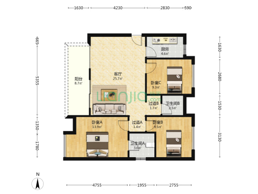 中建凤凰湖畔 3室1厅2卫 107平方