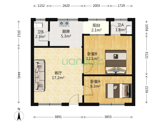 国平街2号 2室1厅2卫 58平方