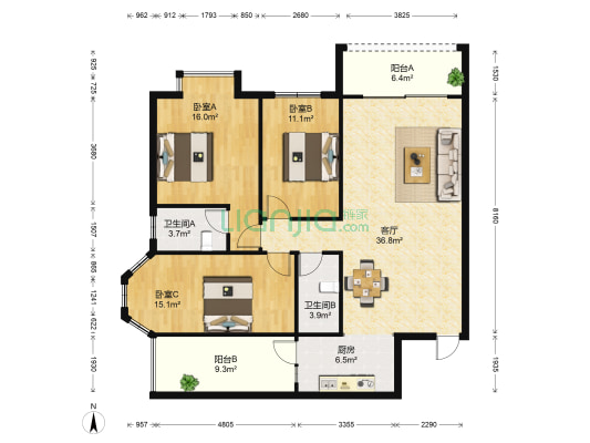 金石雅筑 3室1厅2卫 119平方