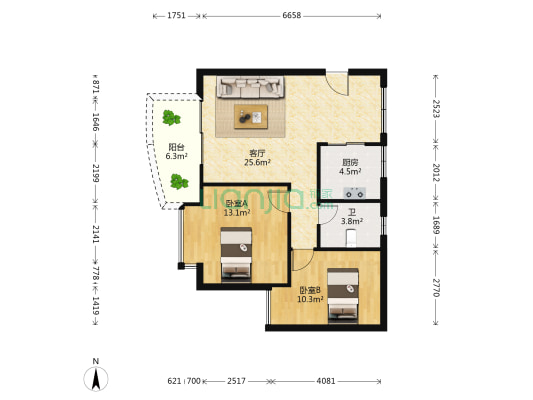 龙庭蓝天苑 2室1厅1卫 86平方
