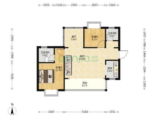 大都锦上 2室2厅2卫 89平方