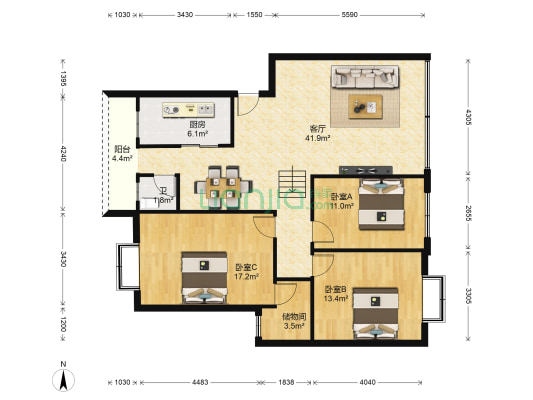 旭光公寓 3室1厅1卫 115平方