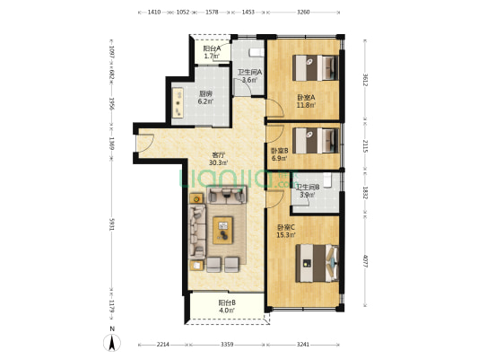 江明月朗园 3室1厅2卫 115平方