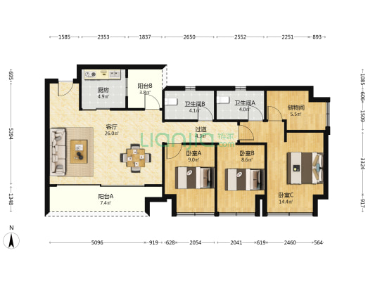 越秀悦映湖山悦风 3室1厅2卫 98平方