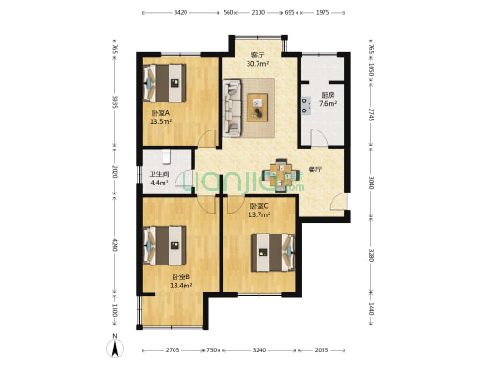 万象新天4区 3室1厅1卫 120平方