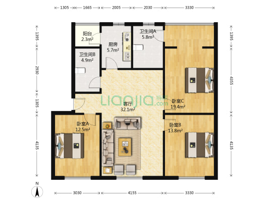 金兰巷26号 3室1厅2卫 118平方