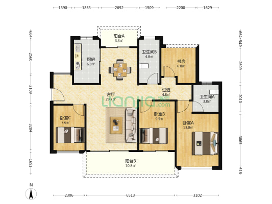 大坤时代豪庭 4室1厅2卫 114平方