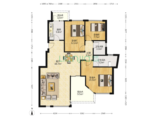 竹韵山庄 3室1厅2卫 124平方