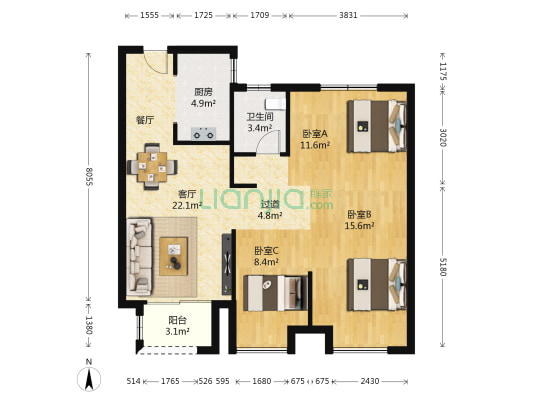 晶都悦府 3室1厅1卫 100平方