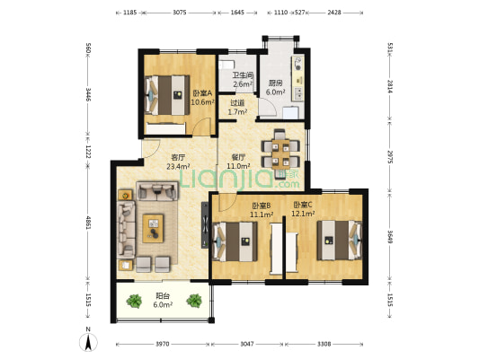 体育馆宿舍 3室2厅1卫 102平方