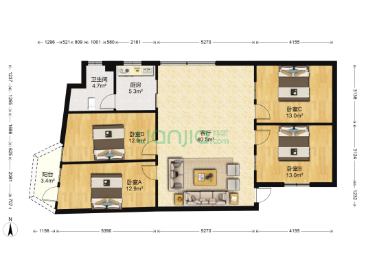 海外大厦 4室1厅1卫 136平方