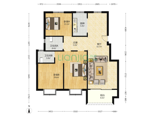 大丰佳苑东- B区 2室1厅2卫 121平方