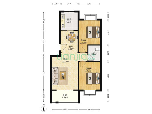 三合御景园 2室2厅1卫 87平方