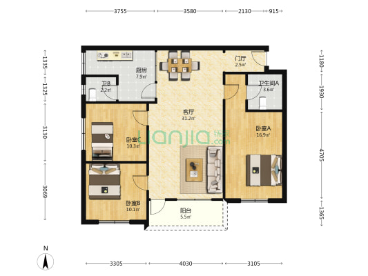 八区小区 3室1厅2卫 104平方