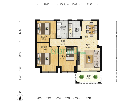世茂璀璨天宸 3室1厅1卫 70平方