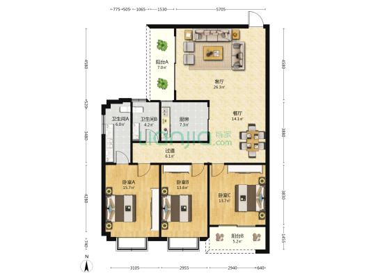 吉欣广场 3室2厅2卫 145平方
