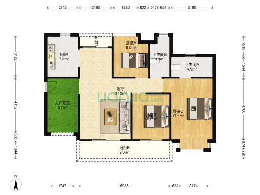 远洋繁花里 3室1厅2卫 124平方