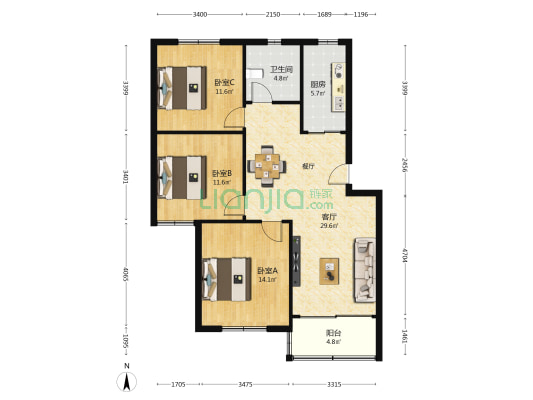 申波苑 3室1厅1卫 99平方