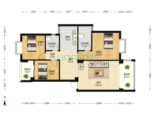 红河谷小区 3室2厅2卫 105平方