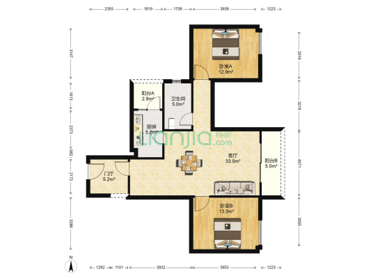 今日润嶺 2室1厅1卫 91平方
