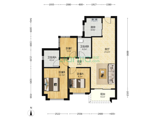 奥园中新城市天地 3室1厅2卫 86平方