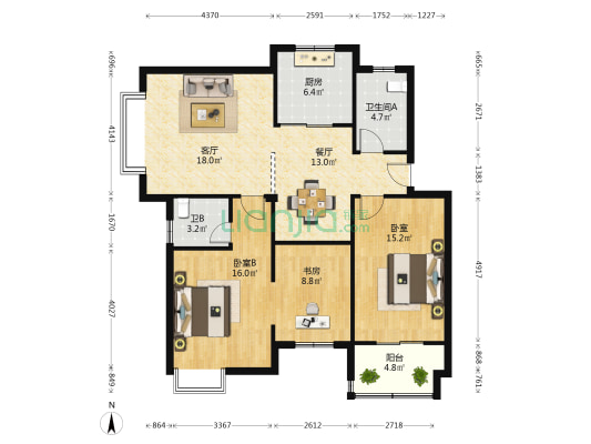 中山小区 3室2厅2卫 107平方