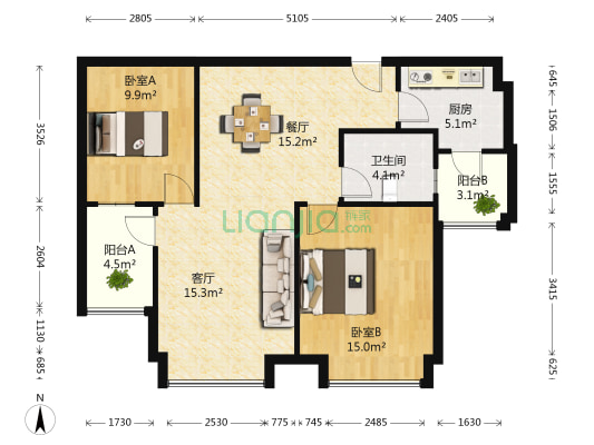 远洋城天祺花园 2室2厅1卫 89平方
