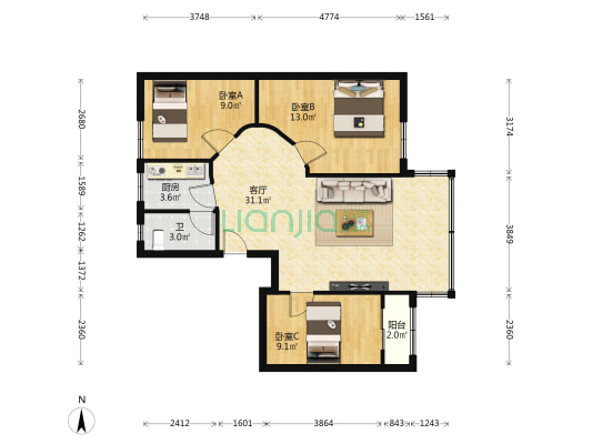 中山豪园 3室1厅1卫 87平方