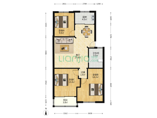 国贸新花园 3室1厅1卫 96平方