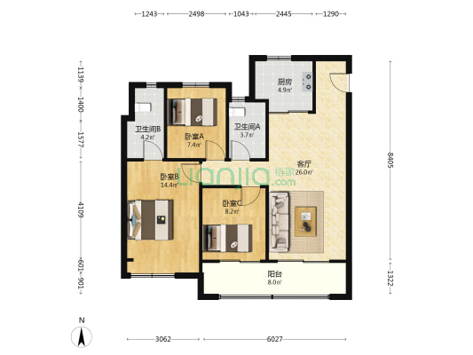 大华锦绣前程和府 3室1厅2卫 100平方