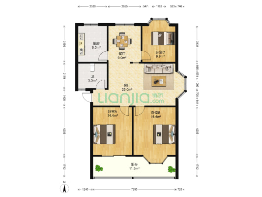江南明珠园 3室2厅1卫 111平方