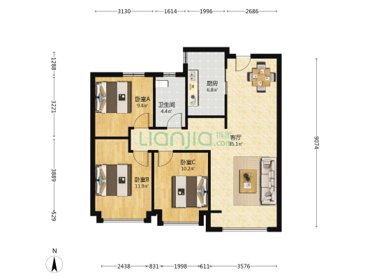科为城学府 3室1厅1卫 109平方