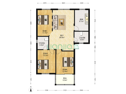 双龙花园 3室1厅2卫 107平方