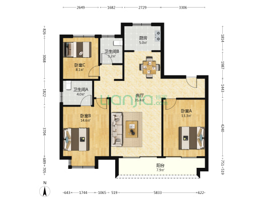 城发站南润府东区 3室1厅2卫 126平方