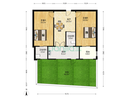 童家山2号 2室1厅2卫 64平方