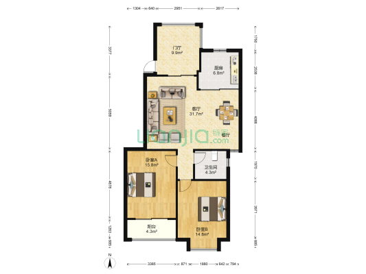加州阳光 2室1厅1卫 110平方