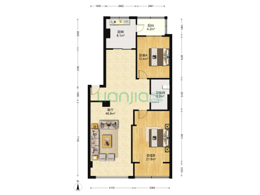 月恒花园 2室1厅1卫 110平方