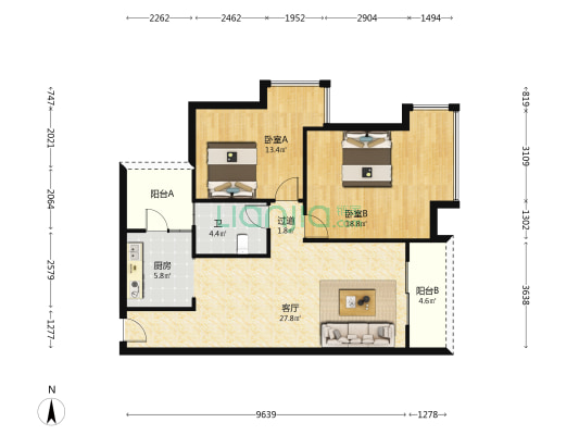 岭南雅苑 2室1厅1卫 91平方