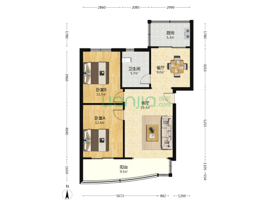 玫瑰家园 2室2厅1卫 84平方