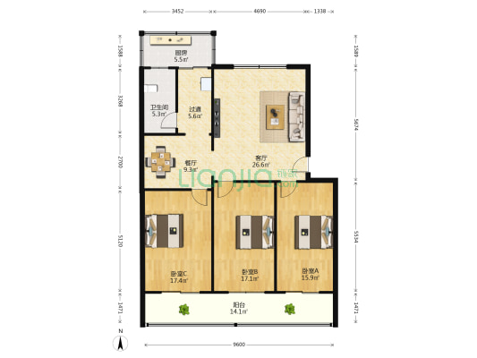 蔬菜公司宿舍 3室2厅1卫 131平方