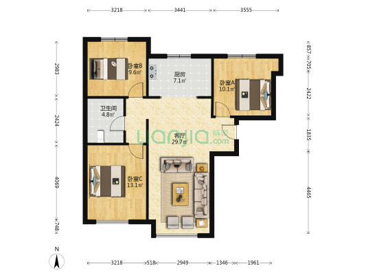 高铁新干线 3室1厅 南 北-户型图