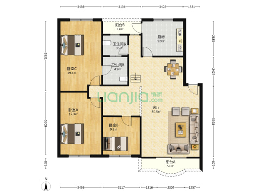 陵州路一段261号 3室1厅2卫 138平方