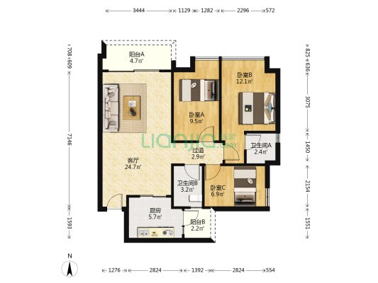 珠光御景骏庭 3室1厅2卫 103平方