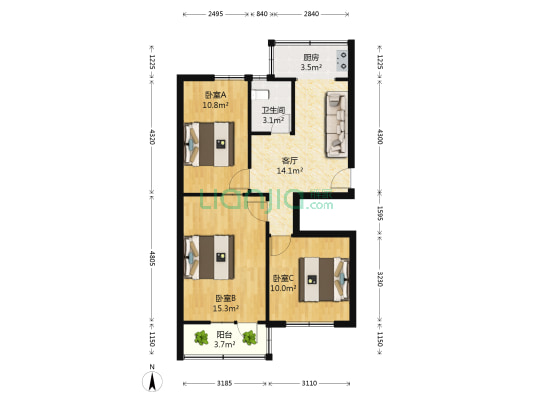 工程技术学院宿舍 3室1厅1卫 72平方