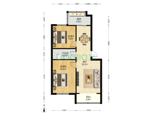 龙首北路东段261号 2室1厅1卫 75平方